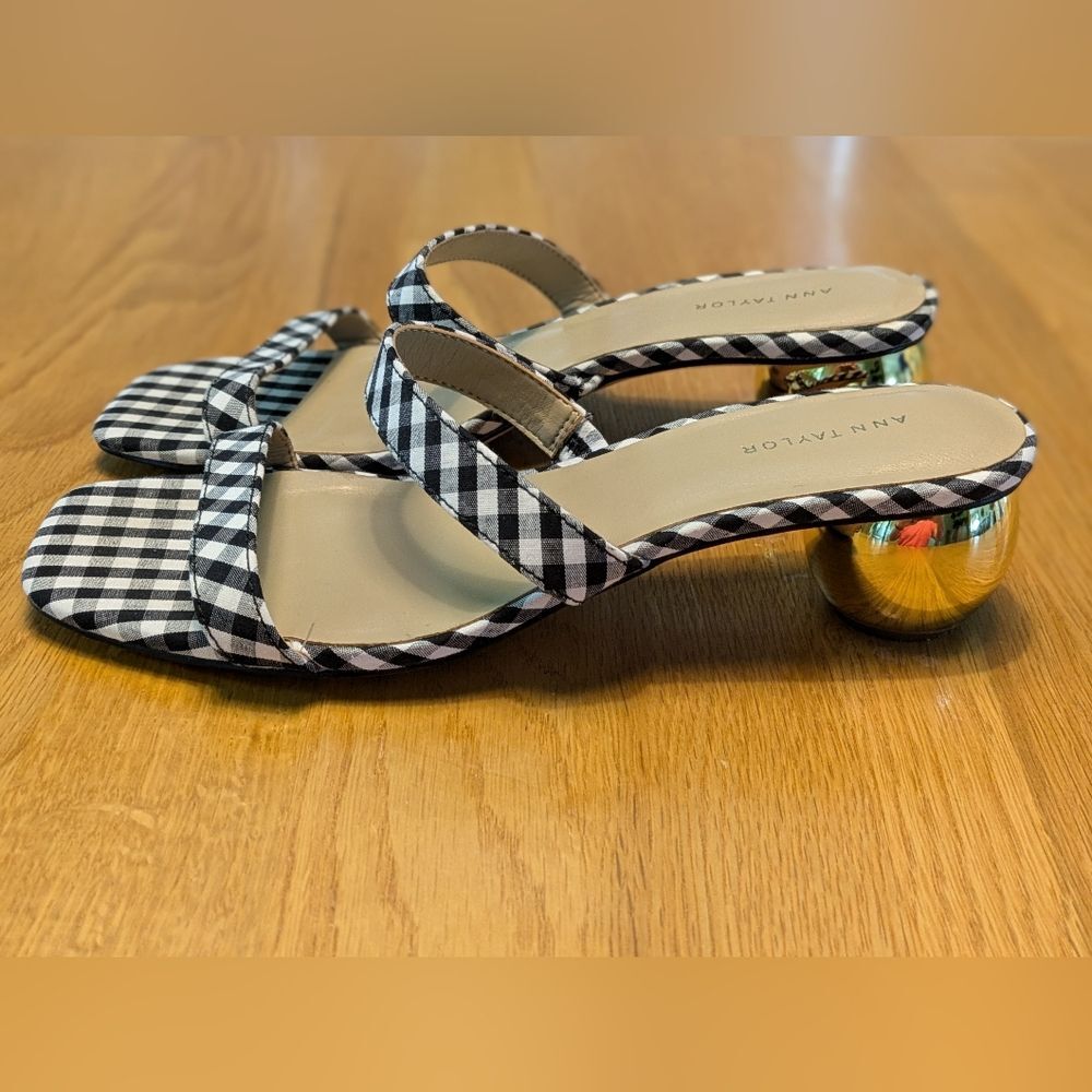 Ann Taylor Black Gingham Gold Mirror Globe Heel Size 6M
